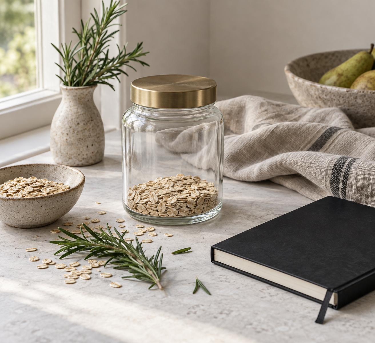 Simple natural materials on a pale stone table