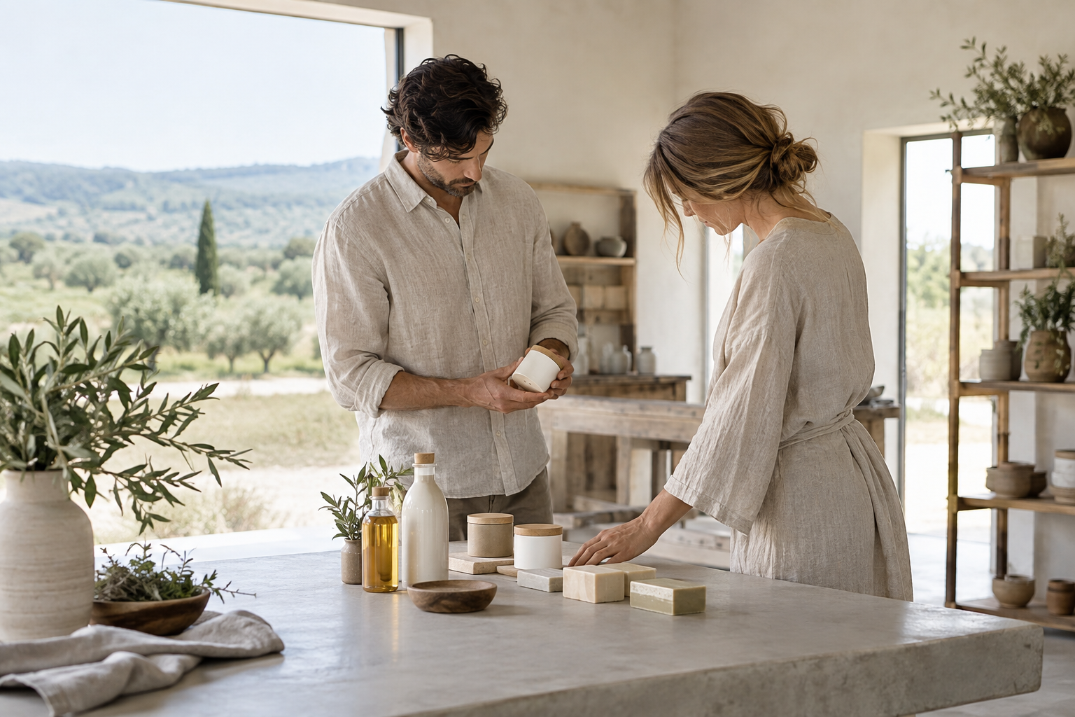 Team members reviewing simple product samples in a farm studio